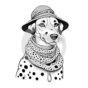 Portrait of Dalmatian dog in hat and scarve. Generative AI photo