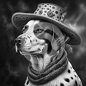 Portrait of Dalmatian dog in hat and scarve. Generative AI photo