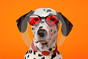 Portrait Dalmatian Dog With Sunglasses Orange Background
