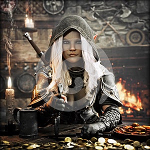Portrait of a dangerous fantasy hooded dark elf assassin resting at a medieval tavern after a successful bounty.