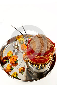 Portrait of Decorated Pooja Thali for festival