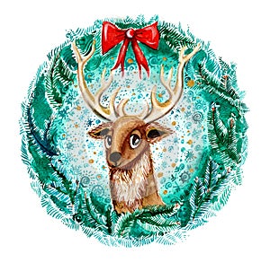 Portrait of a deer in a Christmas wreath with a red bow. White background.