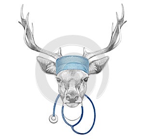 Portrait of Deer with doctor cap and stethoscope. Hand-drawn illustration.