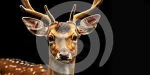 Portrait of a deer, photo studio set up with key light, isolated with black background and copy space photo