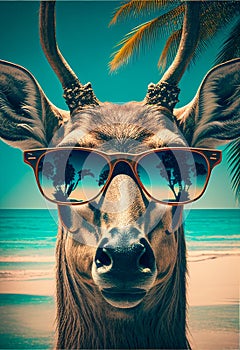 Portrait of Deer in sunglasses at the resort. AI generated