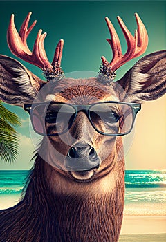 Portrait of Deer in sunglasses at the resort. AI generated