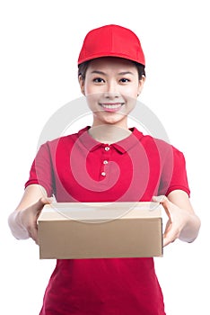 Portrait of delivery woman service happily delivering package to