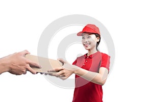 Portrait of delivery woman service happily delivering package to