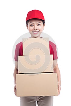 Portrait of delivery woman service happily delivering package to