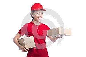 Portrait of delivery woman service happily delivering package to