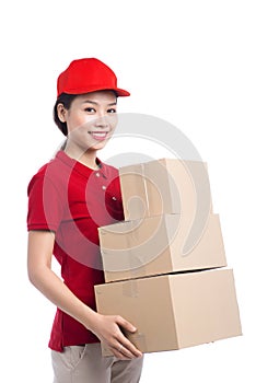 Portrait of delivery woman service happily delivering package to