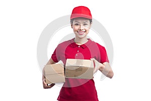 Portrait of delivery woman service happily delivering package to