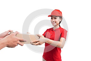 Portrait of delivery woman service happily delivering package to