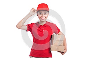 Portrait of delivery woman service happily delivering package to