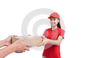 Portrait of delivery woman service happily delivering package to