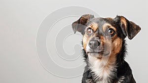The portrait depicts a cute brown, black, and white mixed breed rescue dog looking forward against a white background