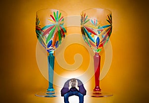 Portrait of depressed man and two wineglasses
