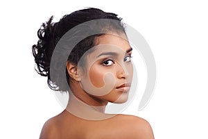 Portrait, dermatology and Indian woman with beauty, luxury and girl isolated against a white studio background. Face