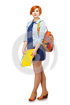 Portrait of diligent girl student with folders and backpack univ