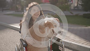 Portrait of disabled happy blind woman in wheelchair with her guide dog looking at camera. Asian handicapped visually