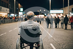 Portrait of disabled senior man in wheelchair on street
