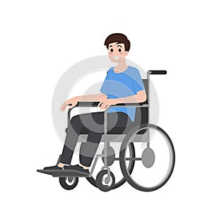 Portrait of disabled young man is sitting in a wheelchair on a white background. Disabled character with paraplegia and a physical