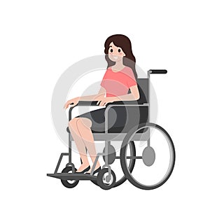 Portrait of disabled young woman is sitting in a wheelchair on a white background. Disabled character with paraplegia and a photo
