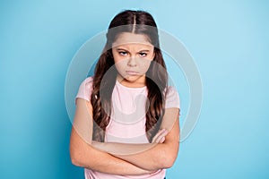 Portrait of disappointed irritated girl have offense dislike disagree no communication frustrated frown t-shirt dressed