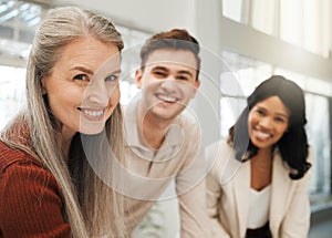 Portrait of diverse businesspeople. Group of colleagues smiling in an office. Coworkers working together. Professional