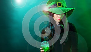 Portrait dj headphone st Patrick green hat cocktail drink equipment disco girl party desk mixer glamour disc young woman girl