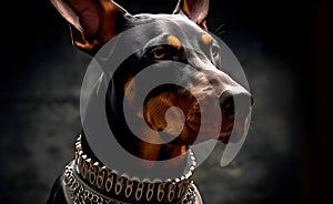 Portrait of a Doberman dog standing guard with a collar, close up, in house.