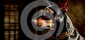 Portrait of a doberman dog wearing sunglasses standing guard with a collar, close up, in outdoor.