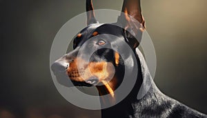 Portrait of Doberman Pinscher breed dog posing on dark background. Canine companion