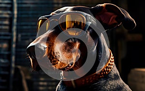 Portrait of a doberman wearing sunglasses standing guard with a collar, close up, in outdoor.