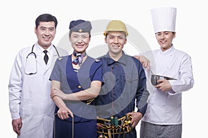 Portrait of Doctor, Air Stewardess, Construction Worker, and Chef- Studio Shot