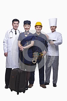 Portrait of Doctor, Air Stewardess, Construction Worker, and Chef- Studio Shot