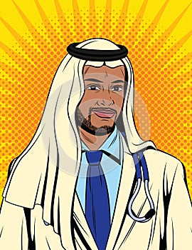 Portrait of a doctor of Arab appearance in a white uniform.