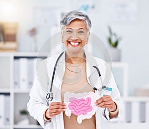 Portrait, doctor and mature woman with intestine model in hospital clinic. Face, gastroenterology and medical