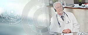 Portrait of doctor during online medical consultation  panoramic banner