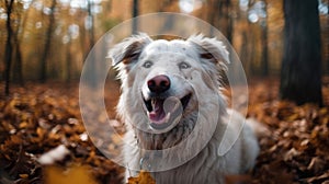 Portrait of a dog in the autumn forest with yellow leaves