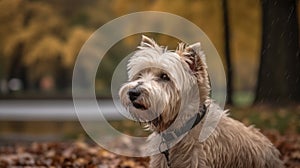 Portrait of a dog in the autumn forest with yellow leaves