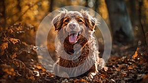 Portrait of a dog in the autumn forest with yellow leaves