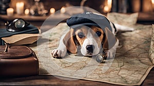 portrait of a dog A beagle puppy wearing a Sherlock Holmes cap and pipe, sitting next to a magnifying glass