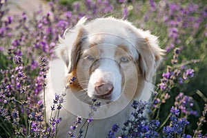 Portrait of a dog in blossoming lavender