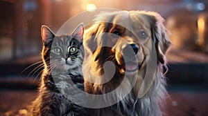 Portrait of dog and cat with blurred background