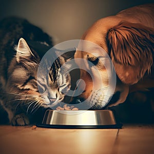 A portrait of a dog and a cat eating peacefully from the same food bowl.
