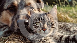 Portrait of a dog and a cat lying together, a banner for a veterinary clinic, domestic animal