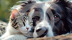 Portrait of a dog and a cat lying together, a banner for a veterinary clinic, domestic animal