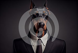 Portrait of a dog Dobermann dressed in a formal business suit. Generate Ai