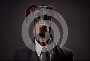 Portrait of a dog Dobermann dressed in a formal business suit. Generate Ai